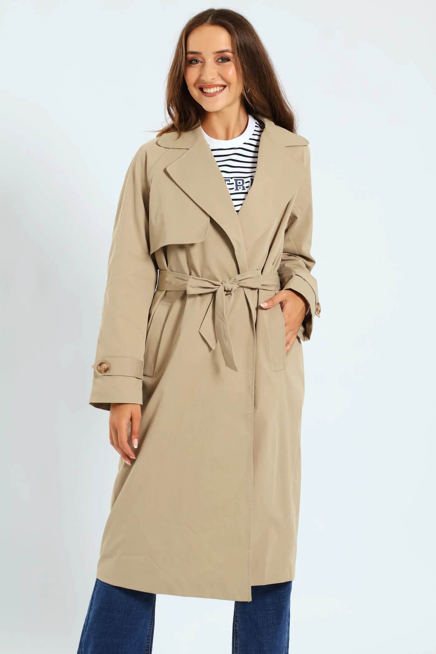 Wrap Trench Coat With Self Belt - Khaki