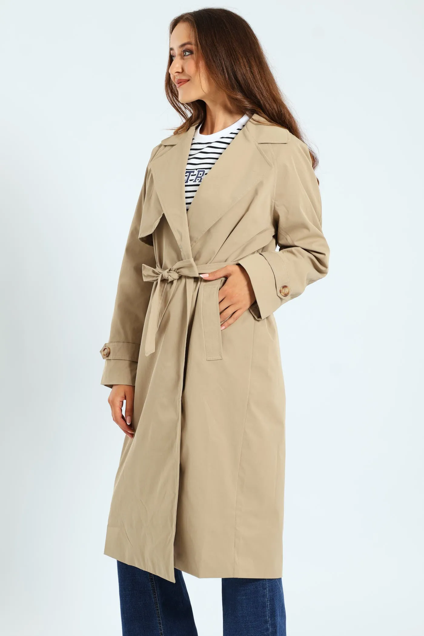 Wrap Trench Coat With Self Belt - Khaki
