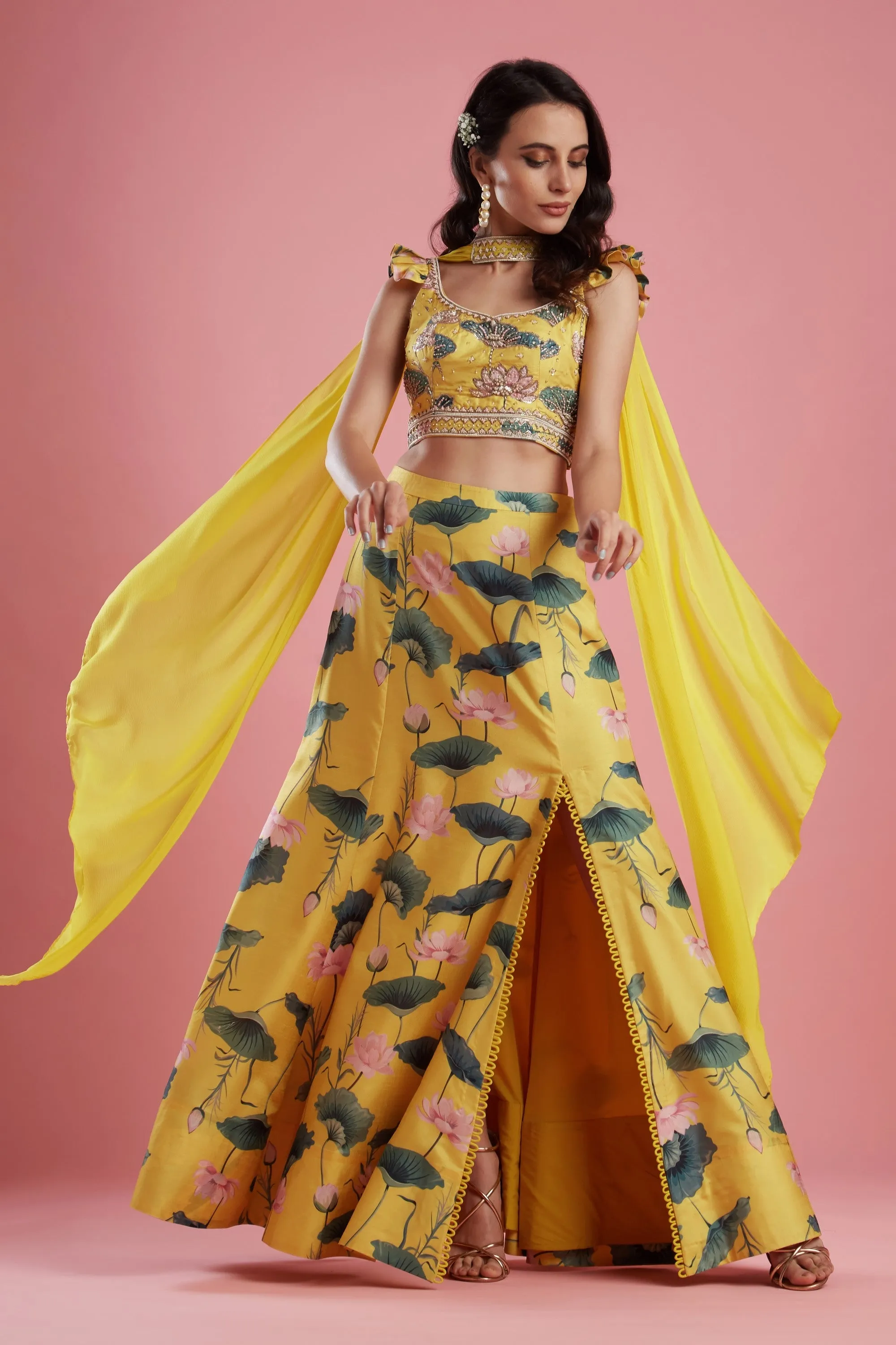 Yellow Slit Printed Skirt Set