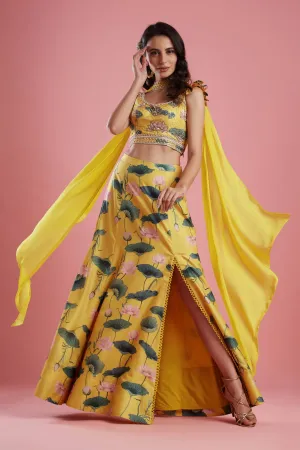 Yellow Slit Printed Skirt Set