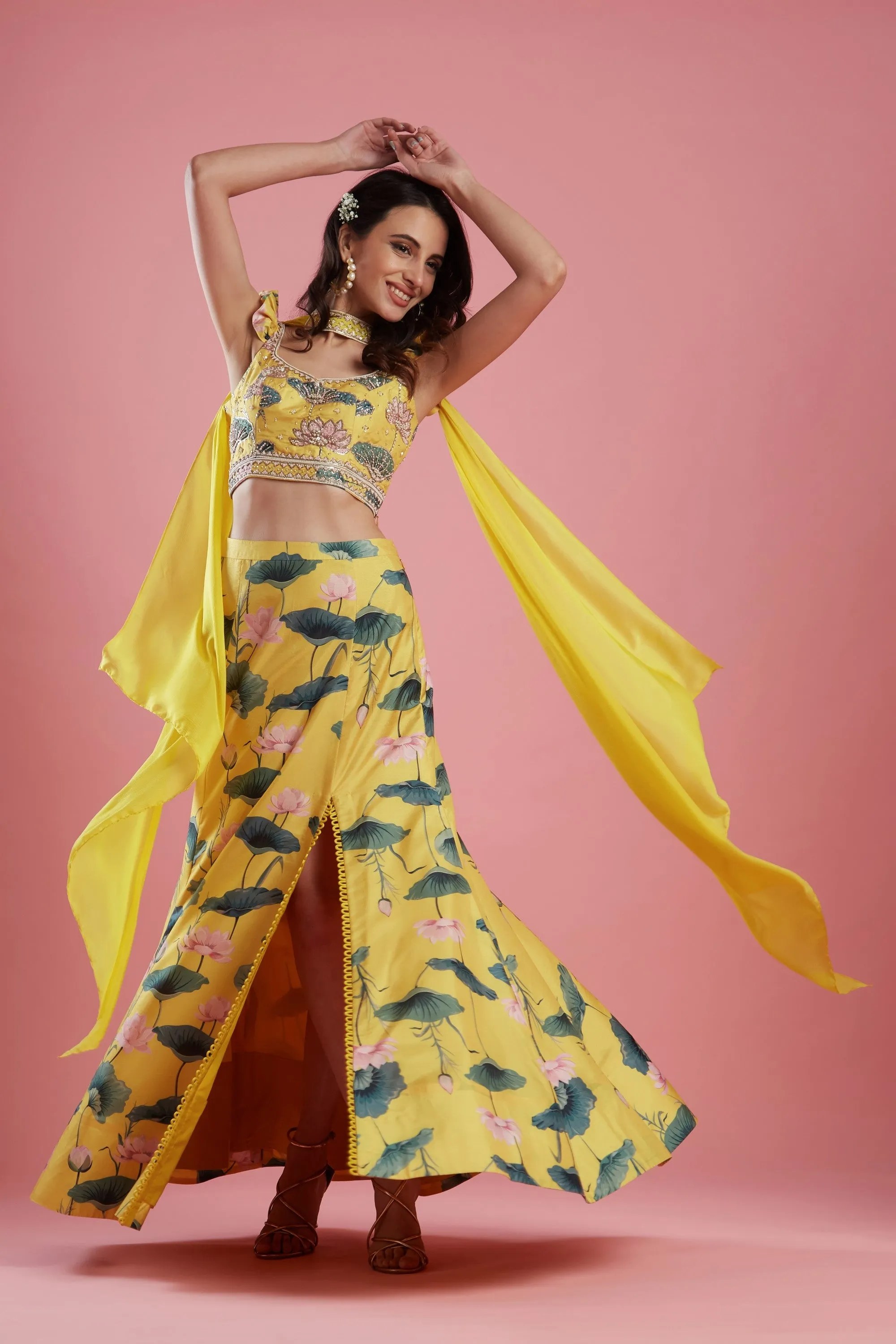 Yellow Slit Printed Skirt Set