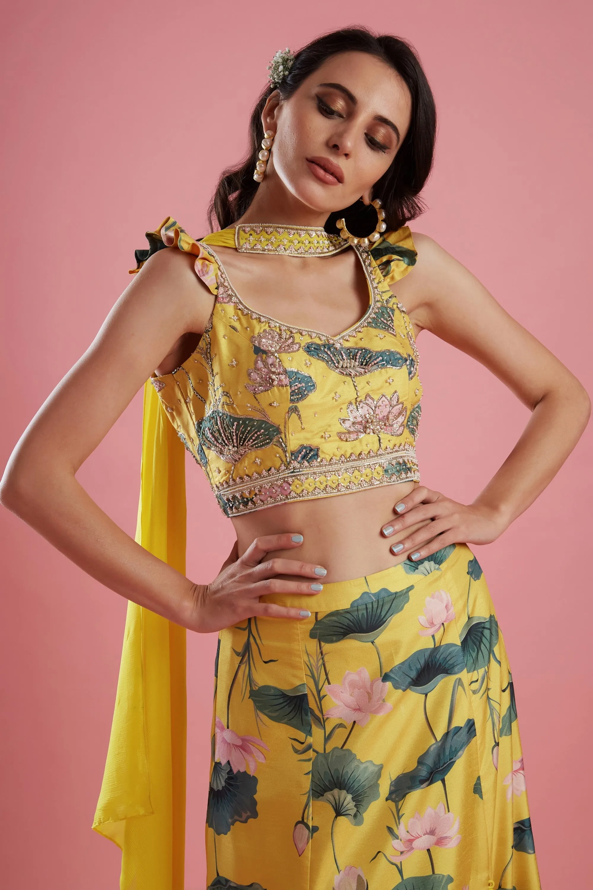 Yellow Slit Printed Skirt Set