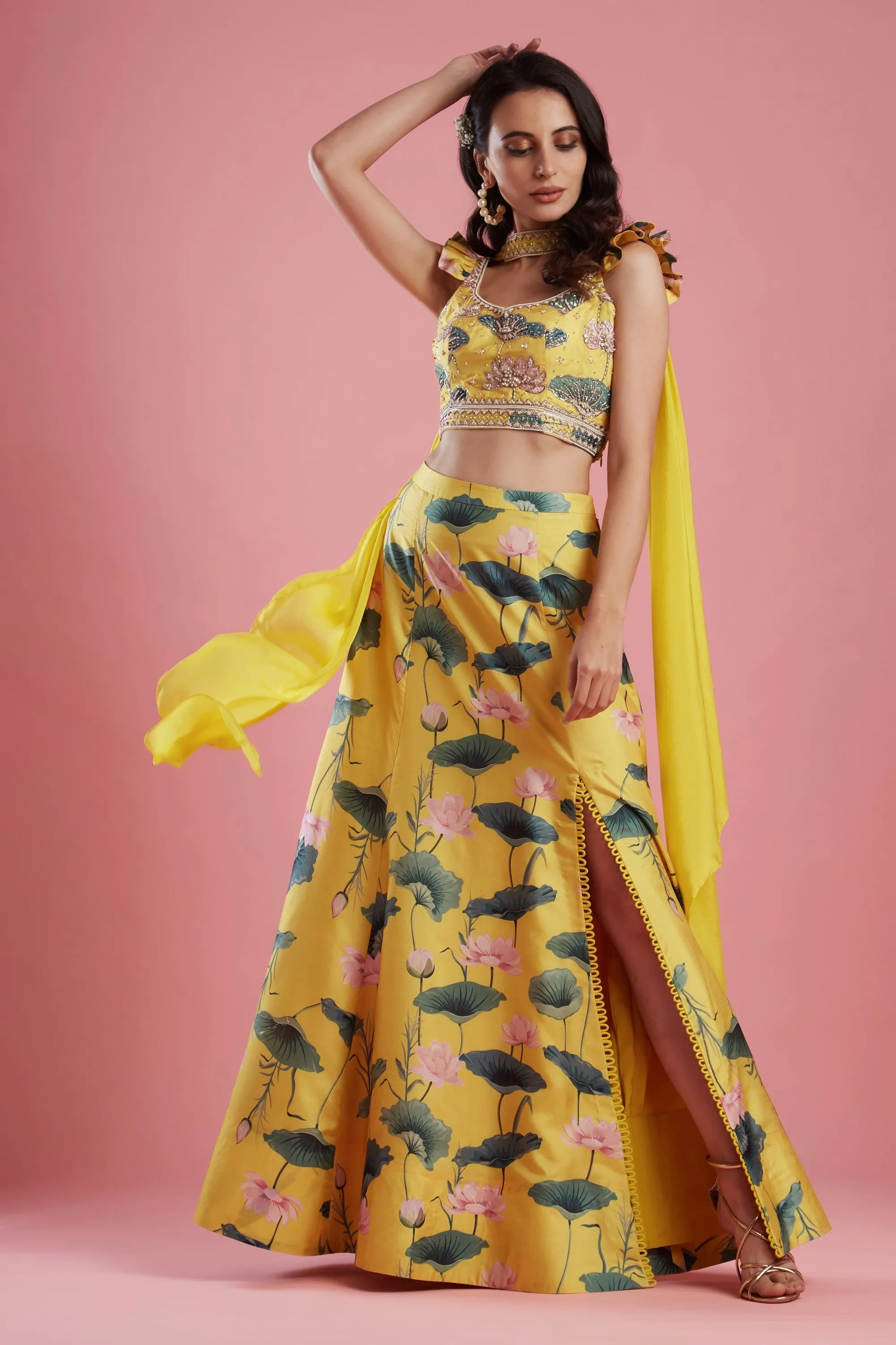 Yellow Slit Printed Skirt Set