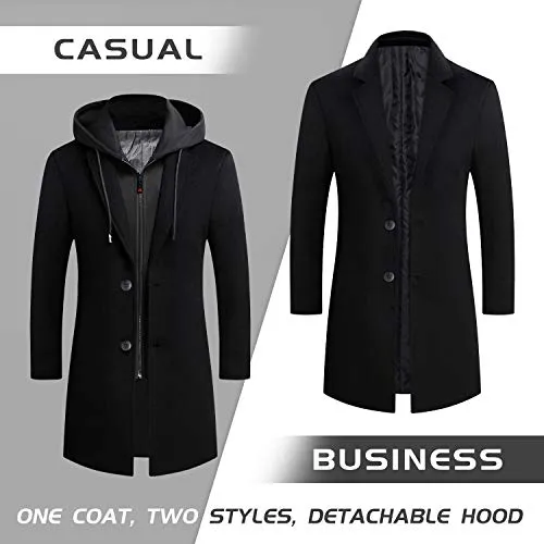 zeetoo Men's Wool Trench Coat Winter Slim Fit Wool Jacket Long Peacoat Hooded Overcoat Plus Cotton Medium